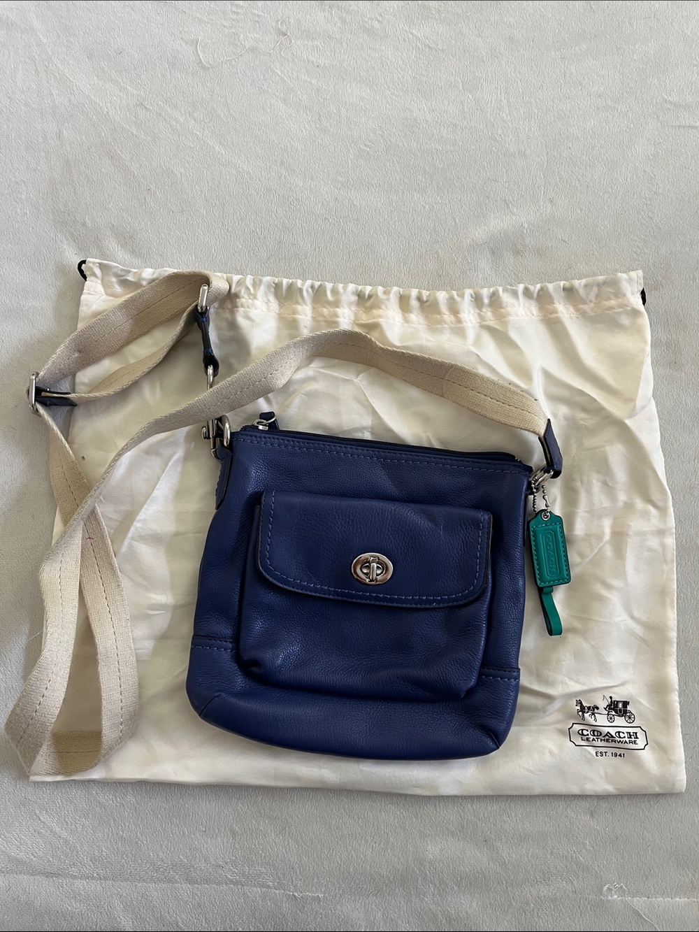 Coach Navy Leather Crossbody with Cream Canvas Strap and Teal Tag